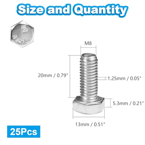 25 Pcs M8 Hex Bolts M8-1.25 x 20mm Hex Head Screw Bolt 304 Stainless Steel M8-1.25mm Hexagon Bolts Hex Head Screws, Metric Machine Fully Thread, Bright Finish - size: M8-1.25 x 20mm