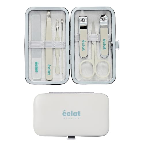 Éclat Manicure Pedicure Kit for Men & Women, 7Pcs Finger & Toe Nail Care Tools Includes Nail Clipper Cutter, Tweezer, File, Cuticle Pusher, Personal Care Professional Grooming Set With Travel Case - color: Mini Mani+pedi Set (7pc Cream)
