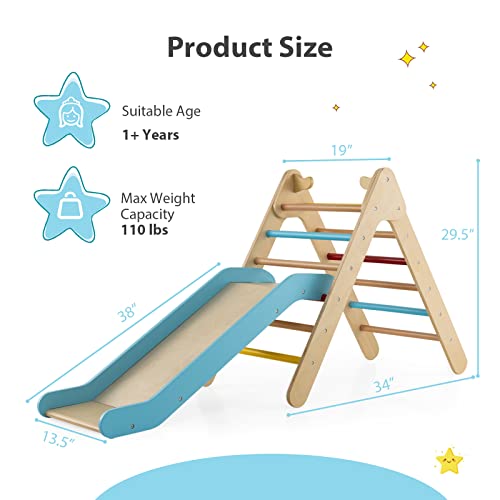 OLAKIDS Pikler Triangle Set 2 in 1 Climbing Toys for Toddlers Foldable Wood Montessori Baby Jungle Gym with Ladder Ramp Slide Kids Indoor Playground Activity Play Structure - color: Rainbow