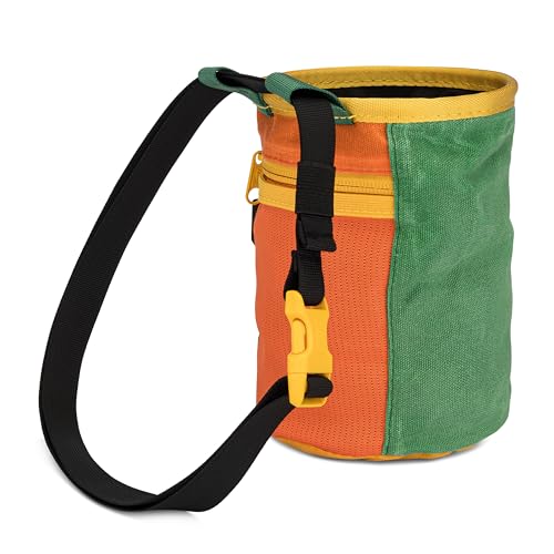 Oso Supply Co - Waxed Canvas Chalk Bag - Zipper Pocket & Mesh Pouch for Bouldering, Rock Climbing, Gym, Weightlifting – Water-Resistant, Adjustable Belt, Wide Opening - color: Evergreen / Yellow / Orange