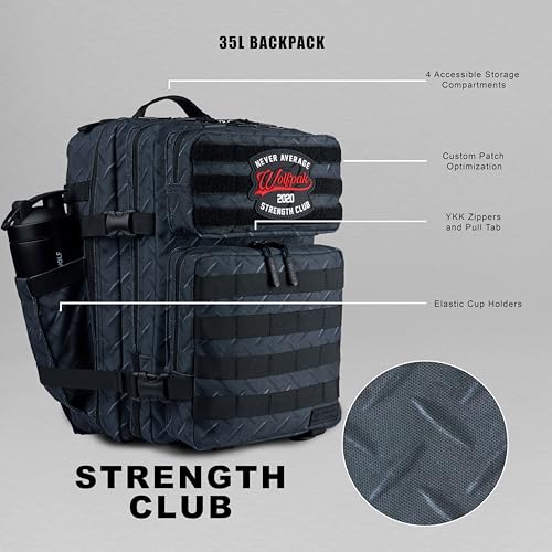WOLFpak 35L Athletic Gym Backpack - Durable 1000D Waterproof Oxford Material with MOLLE Webbing, Laptop Pocket - color: Strength Club