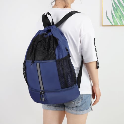 Valleycomfy Drawstring Gym Bag Sports Backpack With Shoe Compartment | Reflective Strips Top Handle Dark Blue - color: Dark Blue