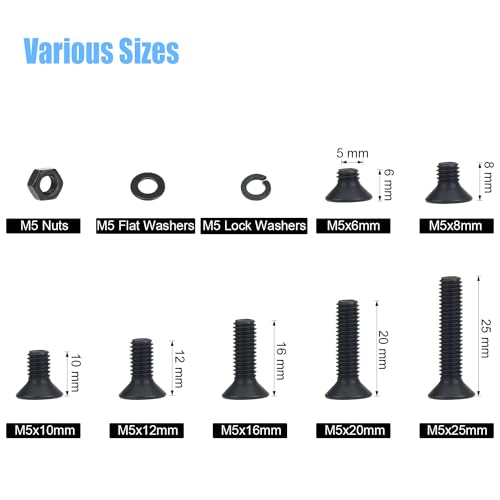 DYWISHKEY 246 Pieces M5 Black Screws, 10.9 Grade Alloy Steel M5x 6/8 /10/12 /16/20 /25mm Countersunk Head Socket Cap Screws Bolts Nuts Washers Assortment Kit - size: M5, style: Countersunk Head Socket Cap