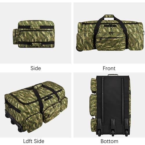 120L 3 Wheel Tactical Rolling Duffle Bag, Heavy Duty Military Deployment Luggage, 900D Waterproof Duffel for Camping Travel Outdoor Sports - color: Camo Light Green
