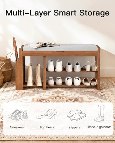 Pipishell 34″ Solid Pine Wood Shoe Rack Bench with Soft Cushion, 2 Tiers Shoe Storage Organizer with Lift-Top Storage and Side Holder, Holds up to 440 lbs, Shoe Bench for Entryway, Hallway, Bedroom - size: 33.6 Inch