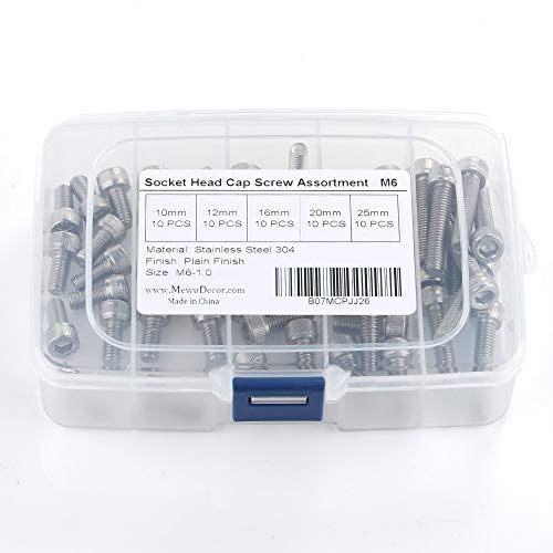 50 PCS Socket Head Cap Screw Assortment Set, M6 x 10mm, 12mm, 16mm, 20mm, and 25mm, 18-8 Stainless Steel 304, Bright Finish - size: Assortment 10mm to 25mm