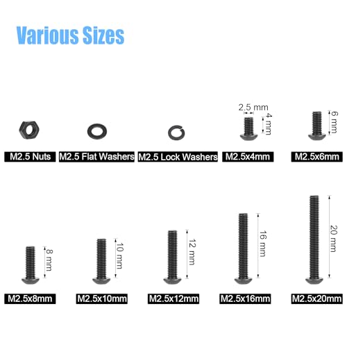 DYWISHKEY 566 Pieces M2.5 Black Screws, 10.9 Grade Alloy Steel M2.5X 4/6 /8/10 /12/16 /20mm Button Head Socket Cap Screws Bolts Nuts Washers Assortment Kit - size: M2.5, style: Button Head Socket Cap