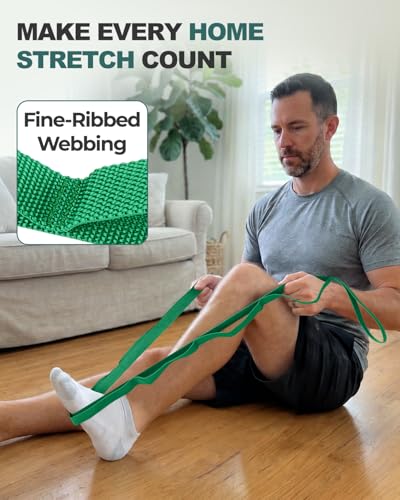 Trideer Stretching Strap with Loops & Leg Lifter, Non-Elastic PT-Style Physical Therapy Strap for Knee Replacement Rehab, Hamstring, Calf & Back Stretcher Mobility, Hip, Shoulder & Yoga - color: Green