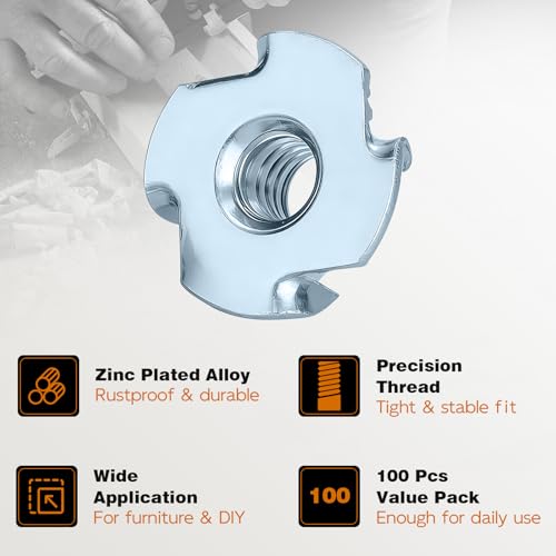T-Nut, GudeTap 1/4"-20 T-Nuts, 4-Pronged Tee Nut (100 PCS) – Zinc Plated Steel, Rustproof, for Wood, Rock Climbing Holds, Furniture, Cabinetry - color: Zinc Plated Steel