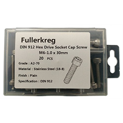 Fullerkreg M6-1.0 x 30MM Socket Head Cap Screws, Allen Socket Drive, Din 912, AISI 304 Stainless Steel (18-8), Full Thread, Bright Finish, Machine Thread, Quantity 20 - size: M6-1.0 x 30MM
