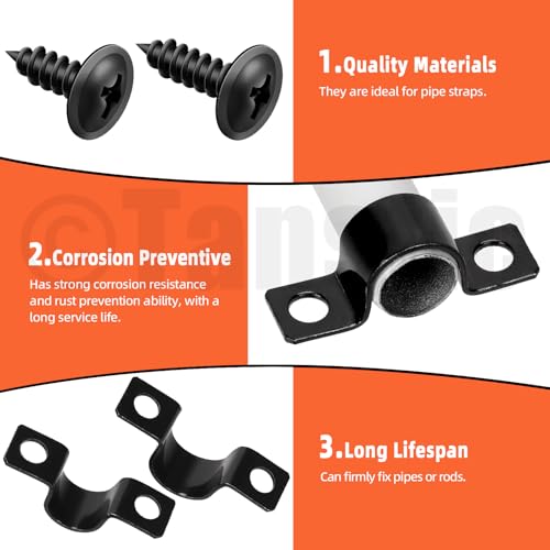 Tanstic 25Pcs Black Two Hole Pipe Strap, 1/2” Two Hole Strap U Bracket Rigid Pipe Strap Pipe Strap Clamp with Phillips Modified Truss Head Wood Screws for Fixing Pipe, Conduit, U Bracket - size: 1/2"