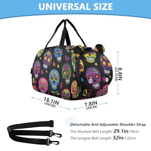 Kids Sports Duffel Bag for Boys & Girls - Day Of The Dead Sugar Skull 100% Polyester Gym Bag with Separate Shoe Compartment, Adjustable Shoulder Strap, Compact Travel & Workout Gear Bag - color: Day Of The Dead Sugar Skull