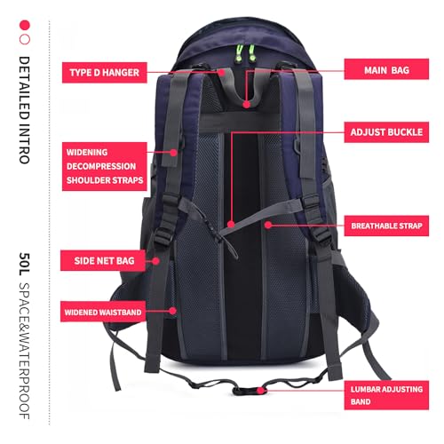 Bseash 50L Hiking Backpack, Water Resistant Lightweight Outdoor Sport Daypack Travel Bag for Camping Climbing Skiing Cycling (Dark Purple - With Shoe Compartment) - color: Dark Purple - With Shoe Compartment