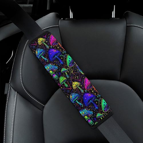 2 Pack Universal Soft and Comfortable Car Seat Belt Pad for Girls and Boys, Stroller Pushchair High Chair, Mushroom Plaid Purple Shoulder Protector - color: Pattern 220