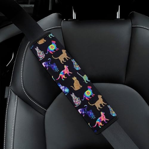 2 Pack Universal Fit Car Seat Belt Pad for Adult Use, All Vehicles, Colorful Tie Dye Cats Seat Belt Covers Cushion, Anti-Slip Pad - color: Pattern 719