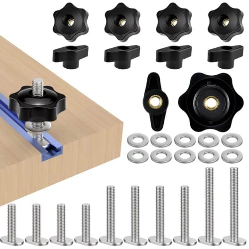 10 Sets 1/4"-20T-Track Hardware Kit, 3 Sizes 1", 1-1/2", 2" T Bolts | Washers Star Knobs T-Knobs | Woodworking T Track Fixture Fastening Parts - size: 3 Sizes 1", 1-1/2", 2" T Bolts