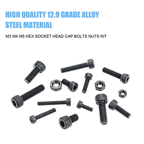 DYWISHKEY 500 Pieces M3 M4 M5, 12.9 Grade Alloy Steel Hex Socket Head Cap Bolts Nuts Assortment Kit with Hex Wrenches - size: M3 M4 M5, style: Socket Head