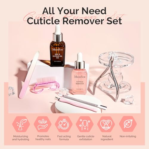 MelodySusie Cuticle Remover Kit,Cuticle Remover Cream and Oil 25ML | Cuticle Nipper,Trimmer Pusher,Nail File and Brush for Cuticle Softener & Moisturize Manicure Kit for Nail Care Rose - size: 7Pcs Rose