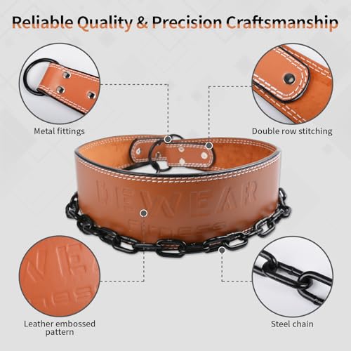 Heavy-Duty Leather Weightlifting Dip Belt with Steel Chain—Weightlifting, Squats, Deadlifts, Weighted pull-ups, Push-ups and Progressive Resistance Training - color: Brown