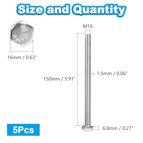 5 Pcs M10 Hex Bolts M10-1.5 x 150mm Hex Head Screw Bolt 304 Stainless Steel M10-1.5mm Hexagon Bolts Hex Head Screws, Metric Machine Fully Thread, Bright Finish - size: M10-1.5 x 150mm