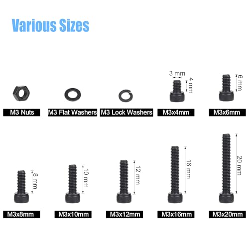 DYWISHKEY 566 Pieces M3 Black Screws, 12.9 Grade Alloy Steel M3x 4/6 /8/10 /12/16 /20mm Hex Socket Head Cap Screws Bolts Nuts Washers Assortment Kit - size: M3, style: Socket Head