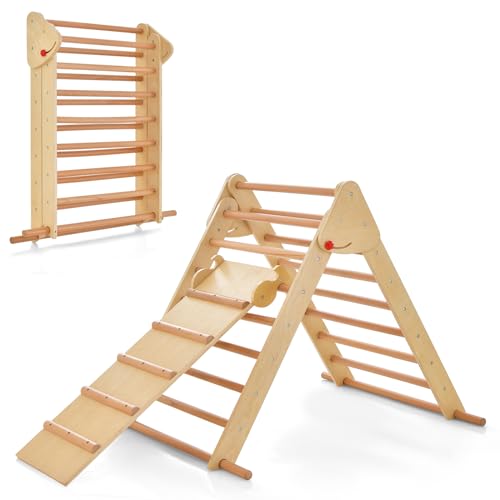 OLAKIDS Pikler Triangle Set 3 in 1 Climbing Toys for Toddlers Foldable Wood Montessori Baby Jungle Gym with Ramp Ladder Slide Kids Indoor Playground Activity Play Structure - color: Burlywood