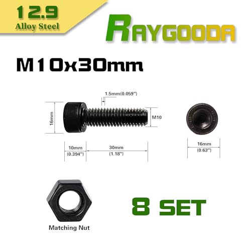 M10-1.5x30 Socket Head Cap Screw and Nut Kit 8set, Grade 12.9 Alloy Steel, Black Oxide Finish, Full Thread, High Tensile Strength for Automotive, Machinery & Heavy Duty Use - size: M10x30mm(8 Sets）
