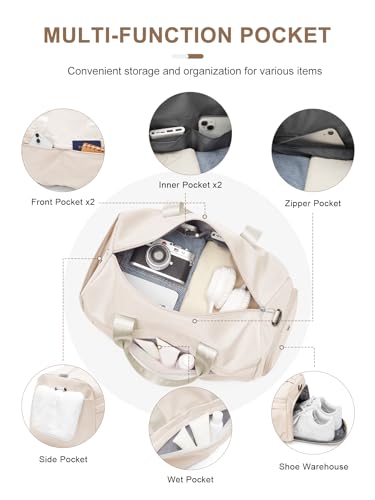 Gym Bag for Women Men, Sport Duffel Bag with Toiletry Bag & Shoe Compartment,Waterproof Travel Weekender Overnight Carry on Bag for Yoga with Trolley Sleeve, Beige Set - color: A6-Beige Set
