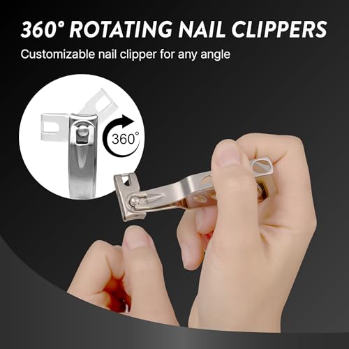 Ingrown Toenail Clippers for Seniors Thick Toenails, 7 Pcs Heavy Duty Large Pedicure Toe Nail Clipper Set with Wide Opening, Includes Nail Cutter, File, Lifter, Cuticle Pusher, Travel Case - color: 7 Pcs Set (360° Clippers + Cuticle Clipper)