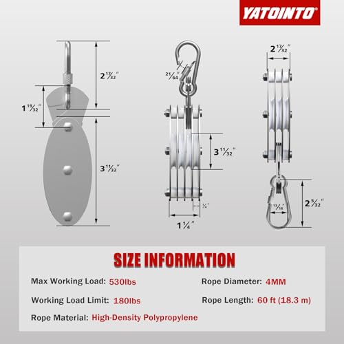 YATOINTO 530LBS Upgraded Rope Hoist Pulley System Block Tackle 60FT(Black) | 7:1 Ratio Lifting Power, Spring Snap Hook w/Screw Nut Connector, Small and Light, Perfect forCamping Hunting Lifting Pulling