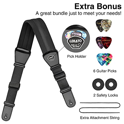 LEKATO Bass Guitar Strap - 3" Wide, Padded, Adjustable 50" to 61", Pick Holder & 2 Safety Strap Locks - color: Black, size: Long(50"-61")