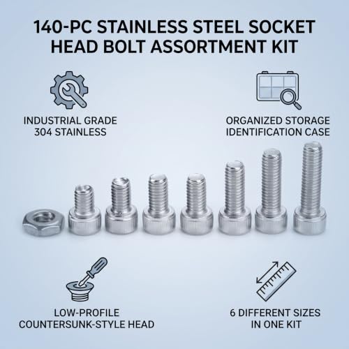 Garosa 140pcs Stainless Steel Hex Socket Head Bolts #10-32 Hex Screw Assortment Kit 6 Different Sizes with Storage Case