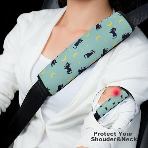 Universal Soft and Comfortable Seat Belt Cover for Adults and Children, Most Cars, 2 Pack Night Sky Stars Yellow Moon Cartoon Black Cat Seat Belt Covers Cushion Neck and Shoulder Support - color: Pattern 370