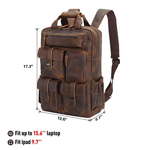 Polare Cowhide Leather Multiple Laptop Backpack Day Pack Travel Bag Satchel For Men - color: Dark Brown