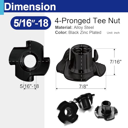 50PCS 5/16"-18 T Nuts for Wood, Carbon Steel 4-Prong Tee Nuts | Threaded inserts for wood panels, furniture and climbing wall holds - color: 50 Pack 5/16"-18