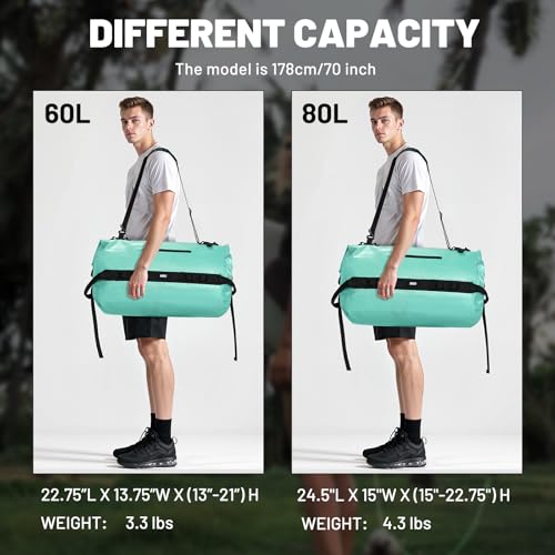 MIER Large Waterproof Duffel Bag - 60L/80L Dry Bag Backpack | Detachable Backpack Straps; Multi-Pockets; Roll-Top with Hook-and-Loop Closure; Motorcycle, Kayaking, Gym, Beach, Boating - color: Green, size: 60L