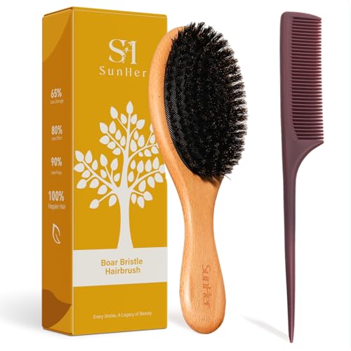 Boar Bristle Hair Brush, 100% Soft Bristle Brush for Fine Thin Hair | Beech Wood Handle, Gentle Scalp Massage, Smooths Frizz, Distributes Natural oils. Women, Kids & Toddler gift - color: Pale Oak