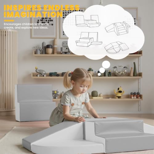 Hoohtoot Soft Foam Climbing Blocks for Toddlers: 6-Piece PU Leather Play Set - Kids Climbing and Crawling Toys - Indoor Baby Play Structure - Fun Learning Gym - style: Grey/White
