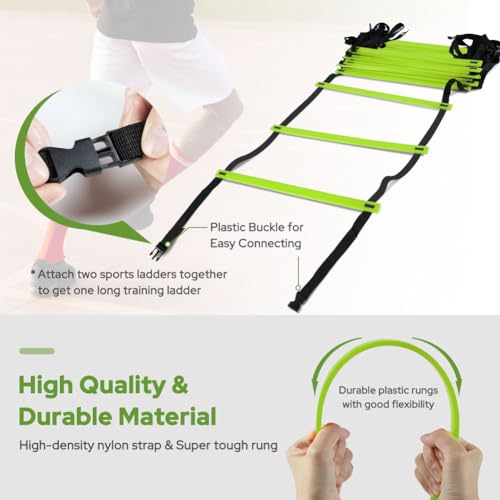 GHB Agility Ladder 1 Pack and Hex Agility Rings 1 Pack 12 Rung 20ft with 3 Carrying Bag