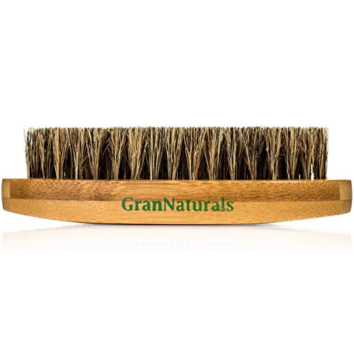 GranNaturals Military Style Boar Bristle Hair Brush for Men and Boys - Palm Size Hairbrush and Beard Brush for Grooming Thin, Fine, Facial and Short Hair - Soft Bristle Slick Back & Smoothing