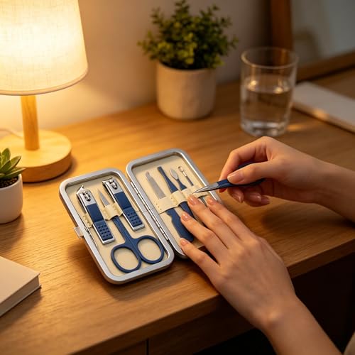 Luxury 7-in-1 Professional Manicure Set - Premium Stainless Steel Nail Clippers & Grooming Kit with Elegant Leather Travel Case - D.Blue - color: Dark Blue, size: 7PCS