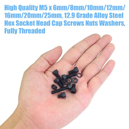 DYWISHKEY 226 Pieces M5 Black Screws, 12.9 Grade Alloy Steel M5x 6/8 /10/12 /16/20 /25mm Hex Socket Head Cap Screws Bolts Nuts Washers Assortment Kit - size: M5, style: Socket Head
