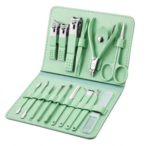 16 Piece Stainless Steel Manicure & Pedicure Set, Professional Nail Clippers Kit with Ear Spoon, Cuticle Tools, Scissors, Files, Folding Bag - Complete Home Nail Care Grooming Kit