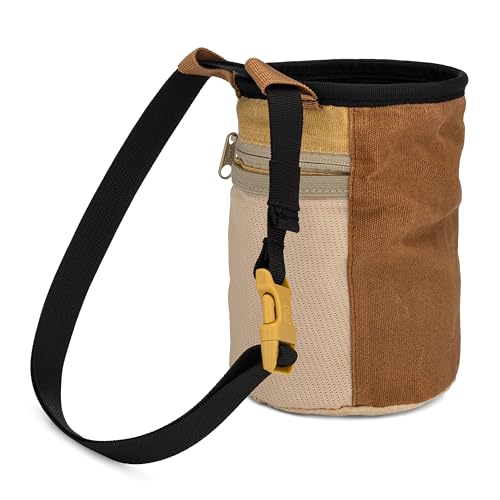 Oso Supply Co - Waxed Canvas Chalk Bag - Zipper Pocket & Mesh Pouch for Bouldering, Rock Climbing, Gym, Weightlifting – Water-Resistant, Adjustable Belt, Wide Opening - color: Chestnut Brown / Khaki