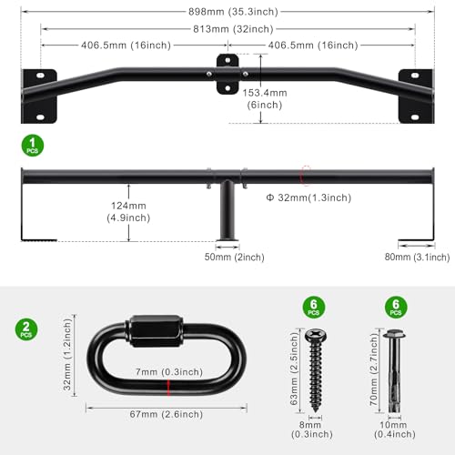 SELEWARE 32"/36" Wall Mount Pull Up Bar Joist Mount Chin Up Bar for Doorway | Heavy Duty Steel Construction Support 450 lb, w/Resistance Band Hooks, Fits 32"/36" Wall Studs for Home Gym Strength Training - size: B: 32" x 1.3" Dia Grip