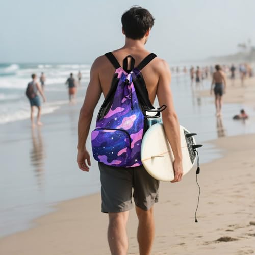 Drawstring Climbing Gym Bag With Water Bottle Holder Drawstring Gym Bags For Men Women with Wet Dry Compartments Camouflage Starry Purple Black Blue