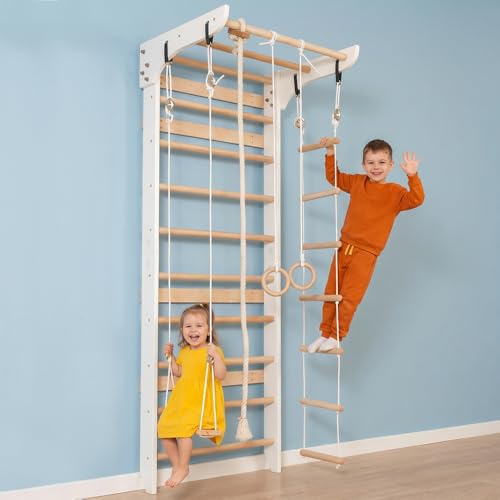 WEDANTA Wooden Swedish Ladder Wall Set – Kids Stall Bars for Exercise – Kids Swedish Gymnastic Wall Gym – Wood Stall Bar Gymnastics Playground – Best Gym for All Family - color: White