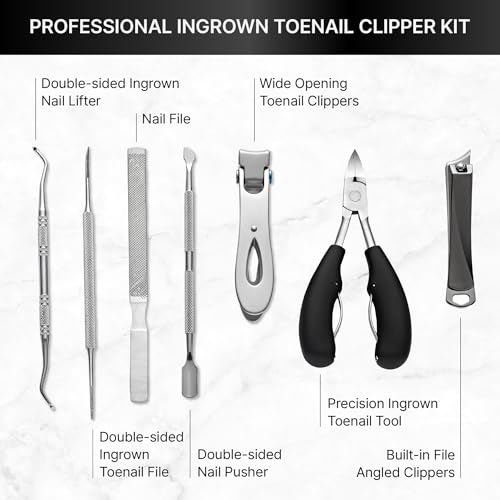Ingrown Toenail Clippers for Seniors Thick Toenails, 7 Pcs Heavy Duty Large Pedicure Toe Nail Clipper Set with Wide Opening, Includes Nail Cutter, File, Lifter, Cuticle Pusher, Travel Case - color: 7 Pcs Set (Angled Clippers + Large Toenail Clipper)