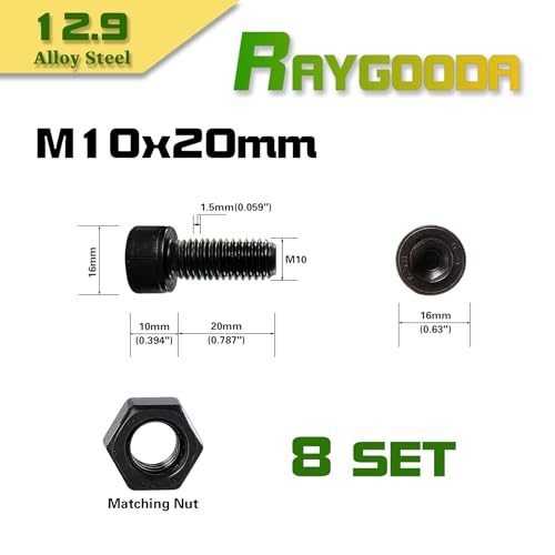 M10-1.5x20 Socket Head Cap Screw and Nut Kit 8set, Grade 12.9 Alloy Steel, Black Oxide Finish, Full Thread, High Tensile Strength for Automotive, Machinery & Heavy Duty Use - size: M10x20mm(8 Sets）