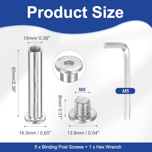 PATIKIL M8x8mm Hex Chicago Screws 10x60mm, 5Pcs 304 Stainless Steel Metric Hex Drive Socket Cap Binding Post Screw Posts for Scrapbook Leather Belt Album Furniture Repair, Silver - size: M8x8mm, 10x60mm